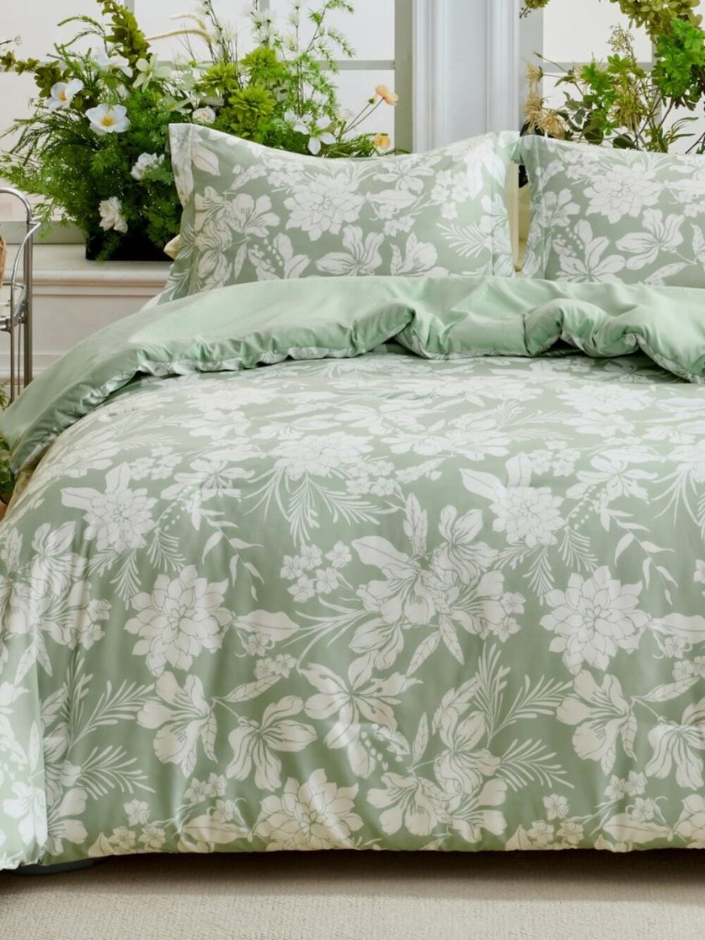 Floral King Comforter Set Sage Green Bedding Set - 3 Pieces King Bed in a Bag